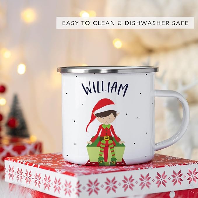 Andaz Press Personalized Name 11oz. Kids Christmas Hot Chocolate Stainless Steel Campfire Coffee Mug, Red Boy Xmas Elf Seated, 1-Pack, Custom Birthday Xmas Cup Christmas Hot Chocolate Mug