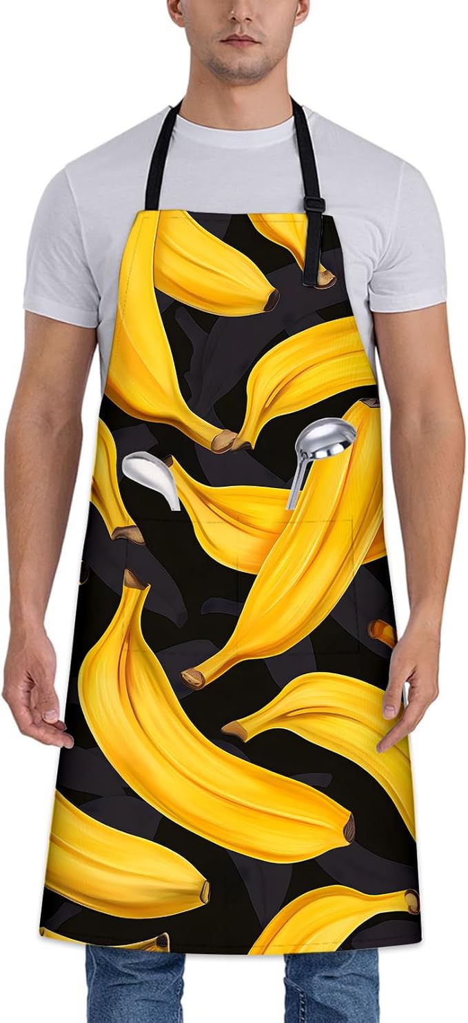 Banana Pattern Apron for Women Men 28x33in, Kitchen Chef Aprons with 2 Pockets, Polyester, Tropical Banana Apron