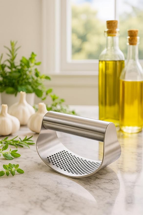 Angel's Peel Lounge Stainless Steel Garlic Press Rocker Set with Silicone Garlic Peeler & Cleaning Brush – Garlic Chopper, Mincer, Grater, Crusher (Stainless steel)