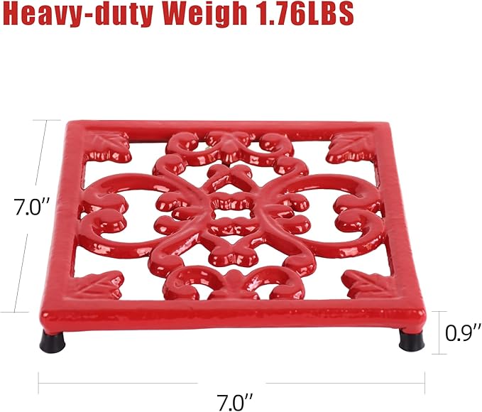 Cast Iron Metal Trivet for Hot Dishes, 7 Inches Square Vintage Iron Trivet for Hot Pots and Pans, Heat Resistant Hot Mat Pad for Kitchen Countertop, Red