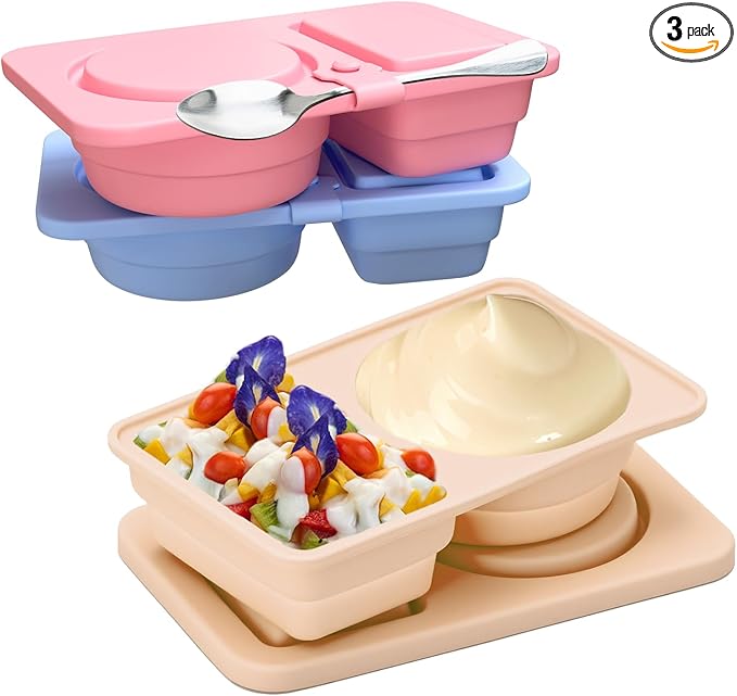 3 Pack Reusable Snack Containers with Lids, Silicone Double Compartment Snack Box Container, Small Mini Snack Pack Containers for Travel, Picnic, Work
