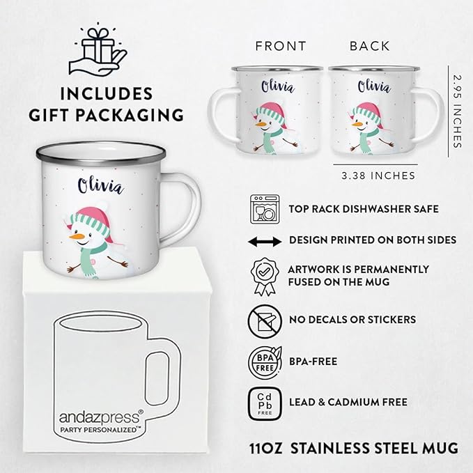 Andaz Press Personalized Name 11oz. Kids Christmas Hot Chocolate Stainless Steel Campfire Coffee Mug, Charming Snowman Aqua Scarf, 1-Pack, Custom Birthday Xmas Cup Kids Mugs For Hot Chocolate