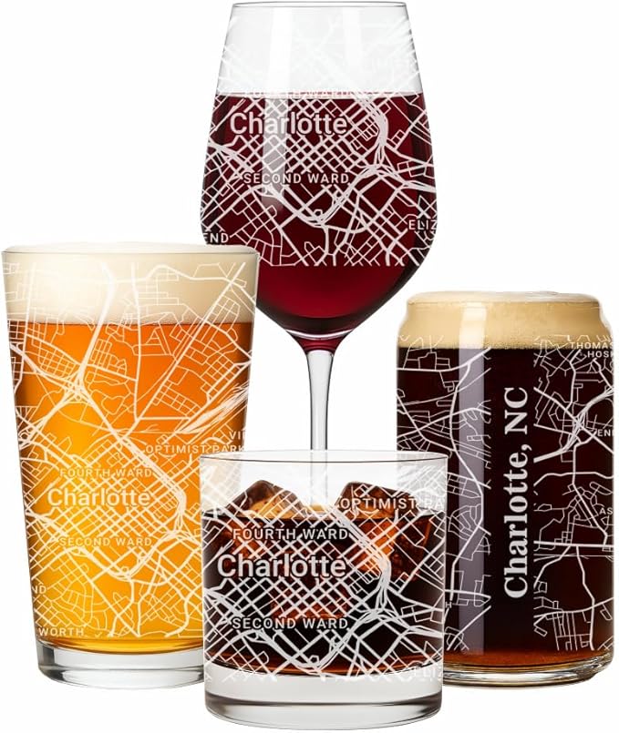 Blue Ridge Mountain Gifts - Charlotte Souvenir - North Carolina Glassware Gift, Etched City Map, Laser Engraved and Dishwasher Safe