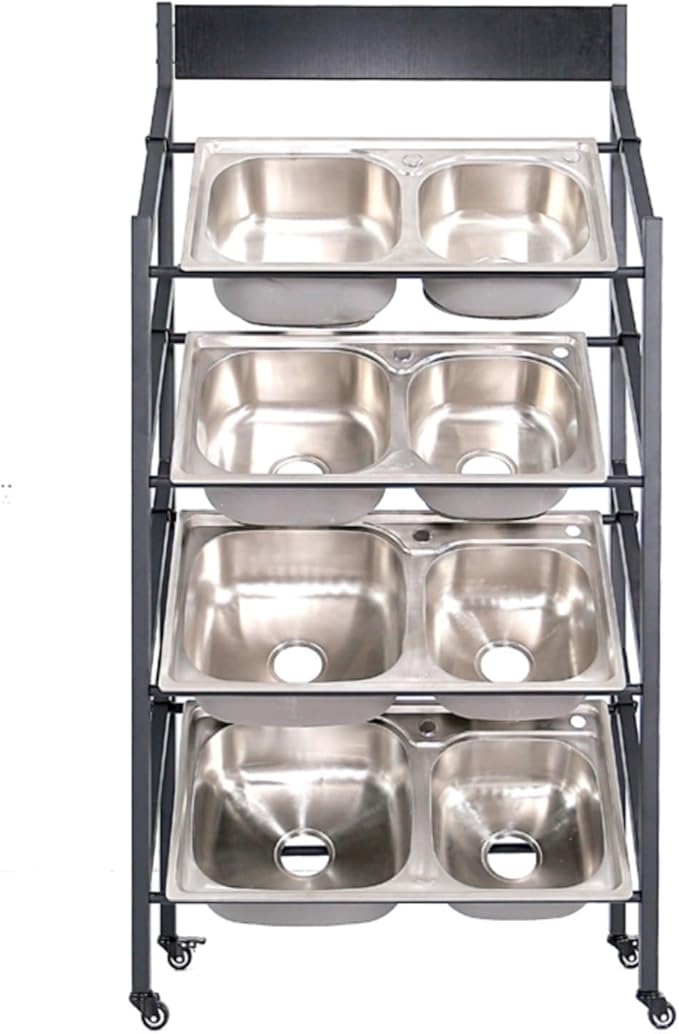 XPLKQXE Floor Standing Kitchen Sink Display Rack, Movable Metal Dish Tub Wash Basin Organizer Shelf, Multi-layer Dishpan Sample Show Holder, Exhibition Halls Store (Color : With wheel, Size : 90x39x