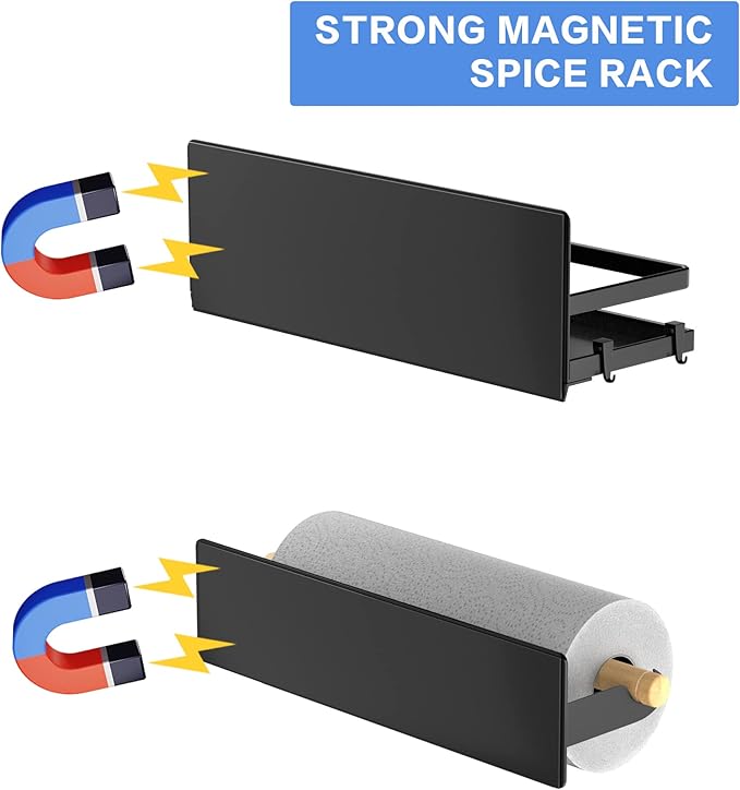 Strong Magnetic Large Shelf Spice Rack Magnetic Paper Towel Holder with Hooks for Refrigerator Fridge Organizer for Kitchen, Space Saver Container for Kitchen Apartment, Drill Free, Black