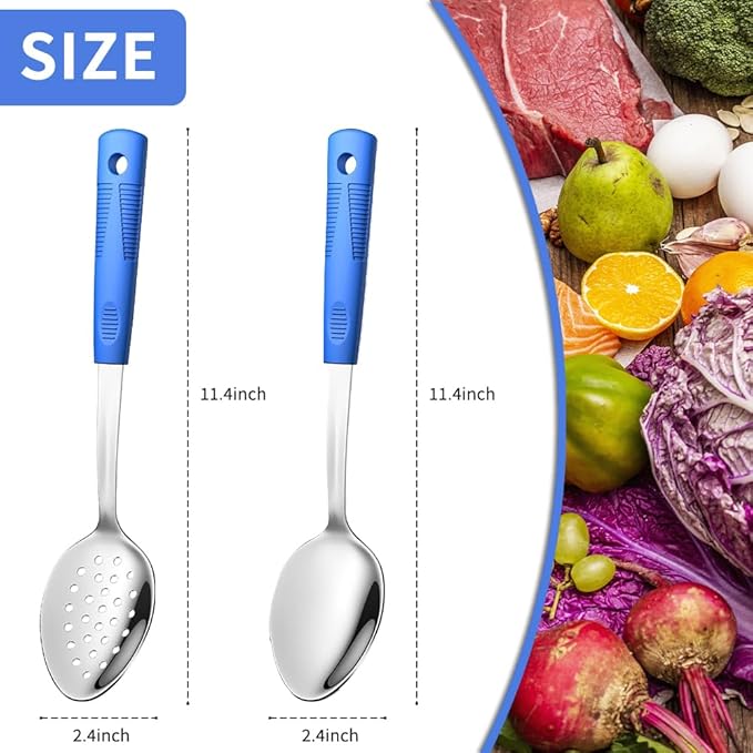 Stainless Steel Serving Spoons Set With Non-Slip Silicone Handles, 2-Piece Large Serving Spoon Slotted Metal Spoon for Cooking & Serving-Blue