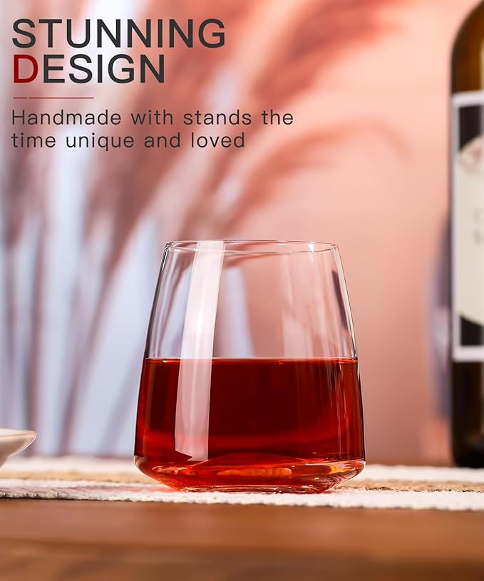 Stemless Wine Glasses Set of 6-15oz【Hand-Blown】 Durable Red White Wine Glasses,Unique Crystal Gifts for Him/Her for Wedding, Birthday，Engagement,Christmas