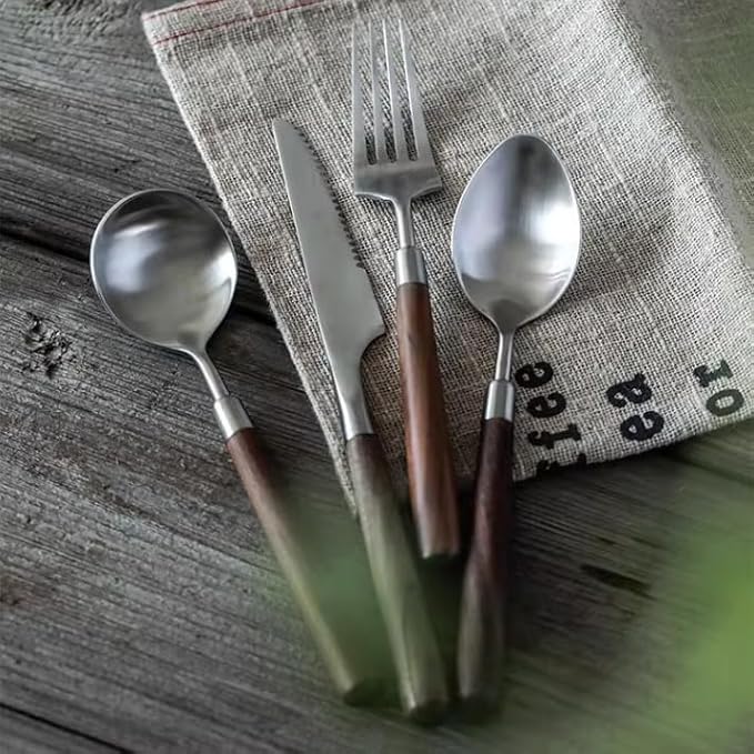Walnut Wooden Silverware Set Flatware Set for 4 Exquisite Ergonomic Wood Handle Utensil Sets 18 10 Stainless Steel Cutlery Sets Include Fork Knife Spoon Matte Tableware,Dishwasher Safe