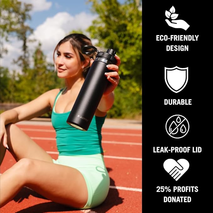 Black 24oz Triple-Walled Stainless Steel Water Bottle – Leak Proof, BPA-Free Thermos with Bonus Spout Lid – Wide Mouth Flask for Travel, Hiking, Gym, Hot & Cold Use