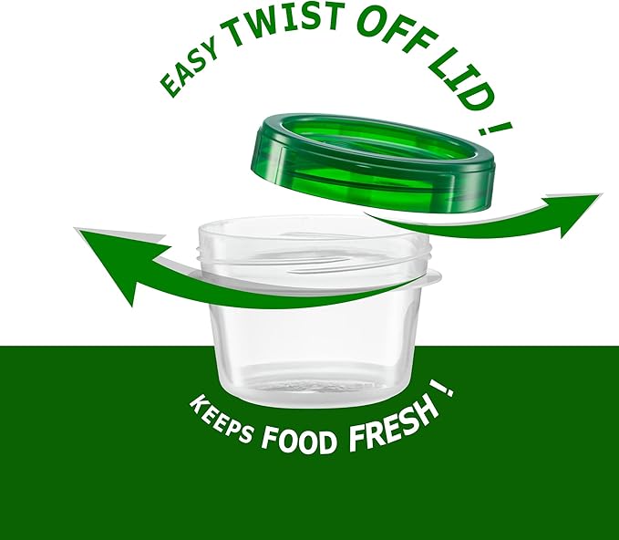 (4 Ounce 10 Pack) Twist cap Containers Clear Bottom With Green Top Screw on Lids Twist Top Food Storage Freezer Containers