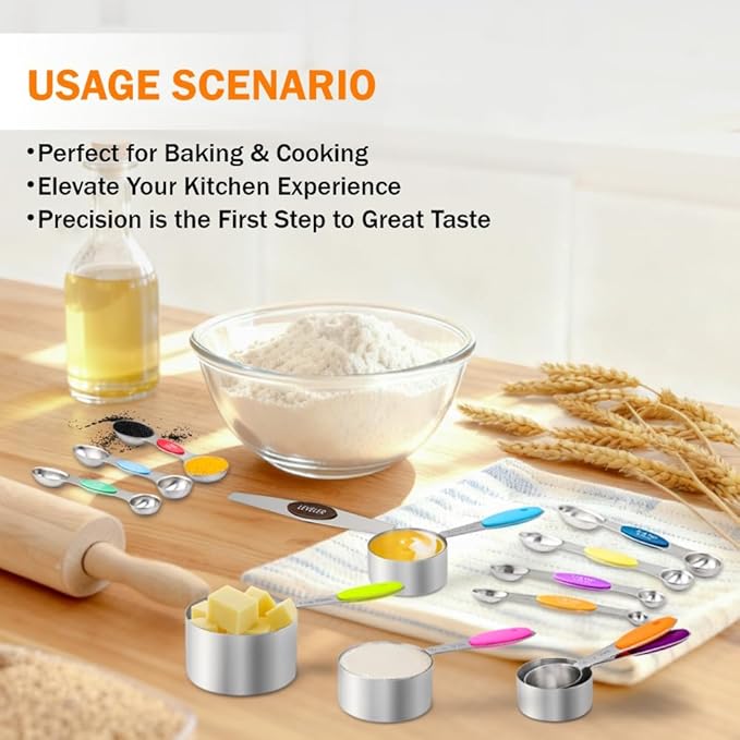 13-Piece Magnetic Measuring Spoons and Cups Set, Stainless Steel Kitchen Measure Tools with Silicone Handles, Nesting Dry and Liquid Measuring Cups for Baking Cooking (Multicolor)