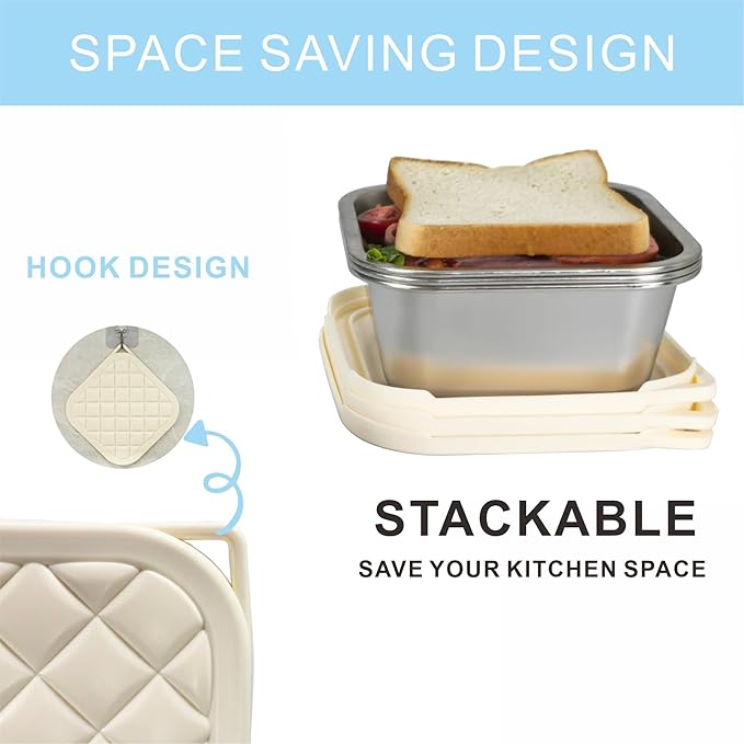 F.Y.Dreams 3 Pack 304 Stainless Steel Sandwich Containers With Silicone Lids/ 3 * 35 OZ/Plastic Free Lunch Box/Metal Bento Box/Meal Prep Food Storage containers/Snack Containers/Cream