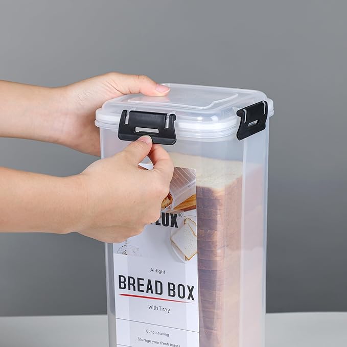 Bread Storage Container with Tray, Plastic Bread Box with Airtight Lid, Bread Keeper for Homemade Bread, Toast, Bagel, Donut(black)