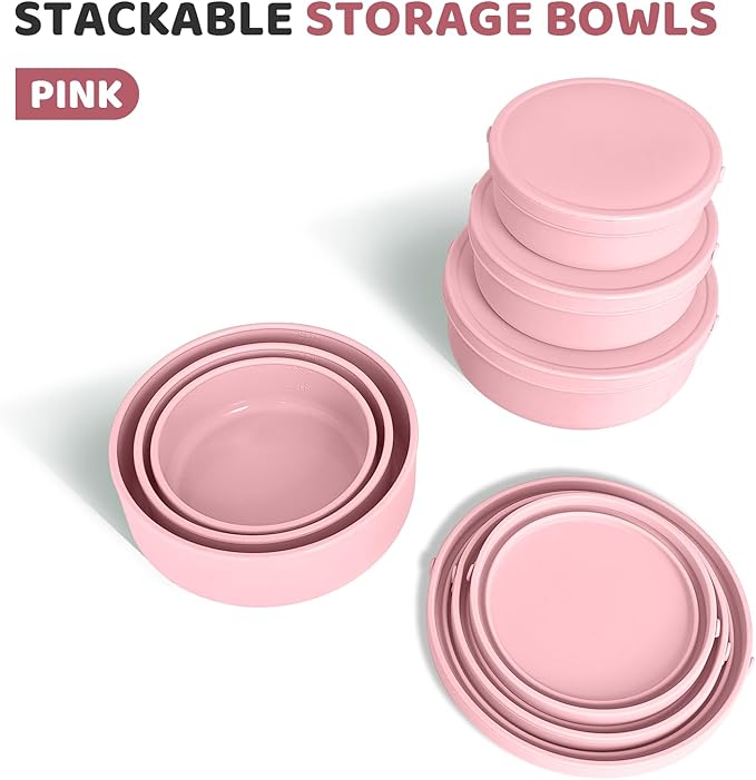 Silicone Food Storage Containers Bowl, Set of 3 Reusable Silicone Bento Lunch Box Containers with Lids (17oz, 25oz, 42oz) Dishwasher, Microwave and Freezer Safe (Pink)