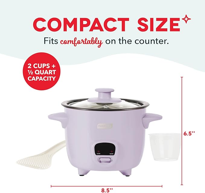 Dash Mini Rice Cooker Steamer with Removable Nonstick Pot, Keep Warm Function & Recipe Guide, 2 cups, for Soups, Stews, Grains & Oatmeal - Lavender