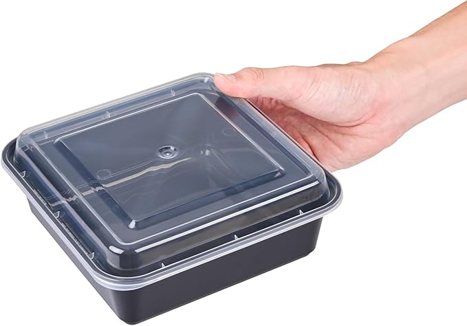 Restaurantware Take Out Containers 100 Pack of 32 oz with Clear Lids Microwave-Safe Disposable Plastic Food Storage Containers Stackable Greaseproof Black Meal Prep Square Single Compartment
