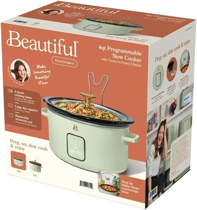 Beautiful by Drew Barrymore 4Qt Slow Cooker, Touch-Activated Display, 4 Presets, Auto Warm, Dishwasher-Safe Pot.