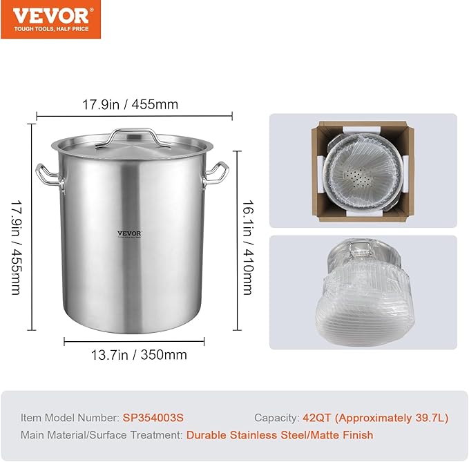 VEVOR Stainless Steel Stockpot, 42 Quart Large Cooking Pots, Cookware Sauce Pot with Strainer, Lid, and Handle, Heavy Duty Commercial Grade Stock Pot, Sanding Treatment, for Large Groups Events Silver
