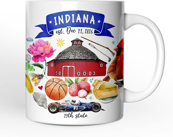 OrnamentallyYou State Travel Landmark Mugs – 12 oz Ceramic Coffee Cups, U.S. Souvenir Gift for Tourists (Artistic Indiana State Themes and Landmarks Mug)