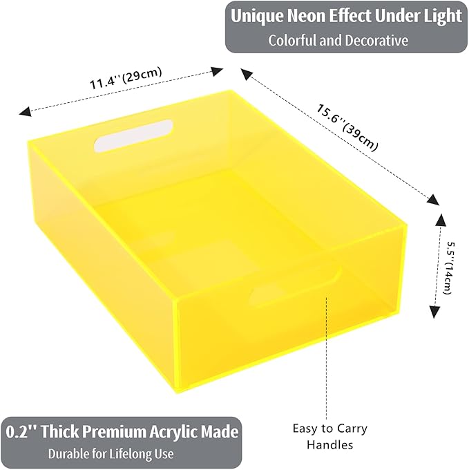 Large Storage Bin Acrylic Pantry Storage Container with Handles Kitchen Organizer Bin for Cabinet Cupboard Organization, Heavy Duty, 15.4 x 11.4 x 5.5'', Neon Yellow
