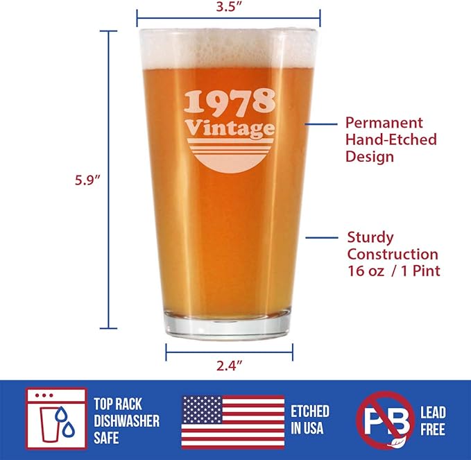 Vintage 1978 Pint Glass for Beer - 47th Birthday Gifts for Men or Women Turning 47 - Fun Bday Party Decor - 16 oz
