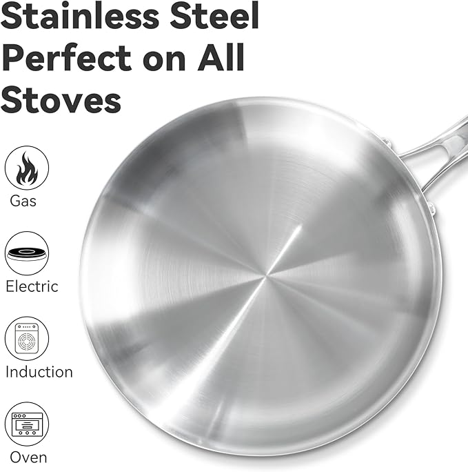 Professional Grade 316L Stainless Steel Frying Pan | 8 Inch Skillet with Glass Lid | Healthy PFOA/PFOA-Free & Dishwasher Safe | Induction & Gas Stove Compatible, Oven Safe to 500°F