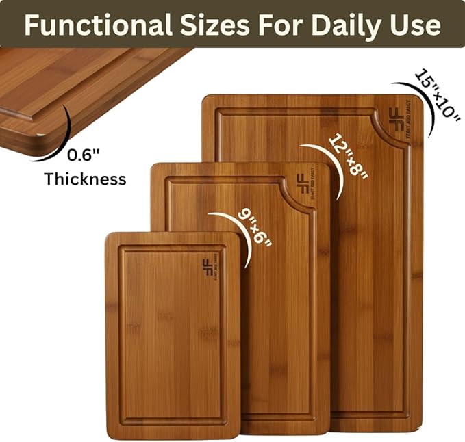 Bamboo Cutting Board for Kitchen, set of 3, Wooden Chopping Board Set with Deep Juice Grooves & Built-In Handles, Knife-Safe Wooden Chopping Boards for Meats, Veggies & Fruits