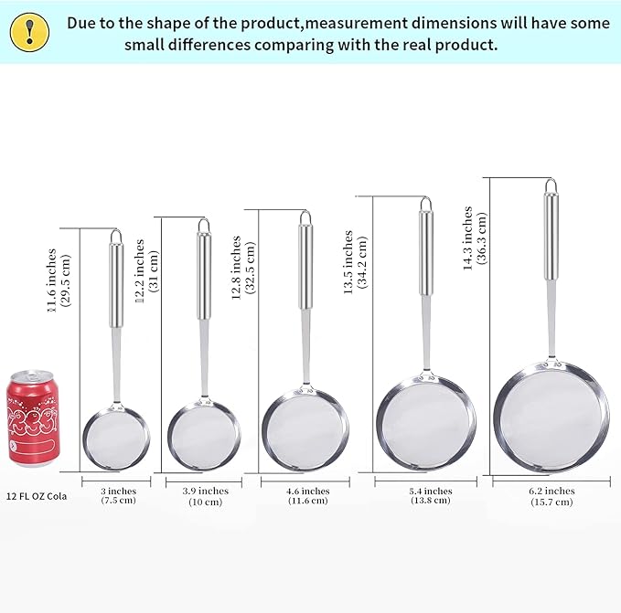 Newness Fine Mesh Strainer Set of 5 with Handle, 304 Fine Mesh Stainless Steel Colander, Wire Strainers for Kitchen, Fat Oil Strainer Skimmer Spoon, Durable Metal Multipurpose for Food, Rice, Quinoa