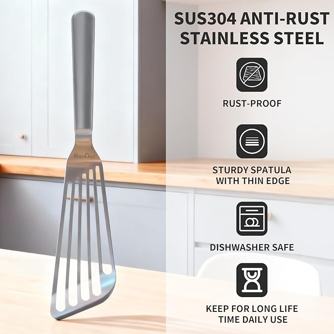 KSENDALO Thin Fish Spatula SUS304 Stainless Steel - One-Piece Flexible Slotted Egg Flipper, Angled Blade, Hollow Grip, Metal Turner for Fish/Eggs/Omelettes, All Cookware, Dishwasher Safe