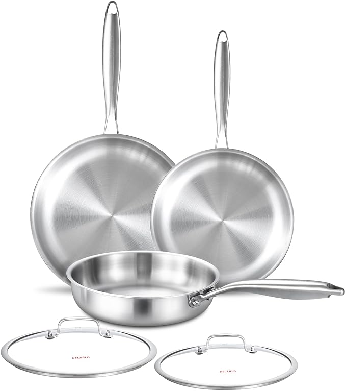 DELARLO Tri-ply Stainless Steel Frying Pan Set with Lid 8" 10" 12" Induction large Skillets Chef's Pan,Pots and Pans Set Kitchen Cookware Set Suitable for All Stove
