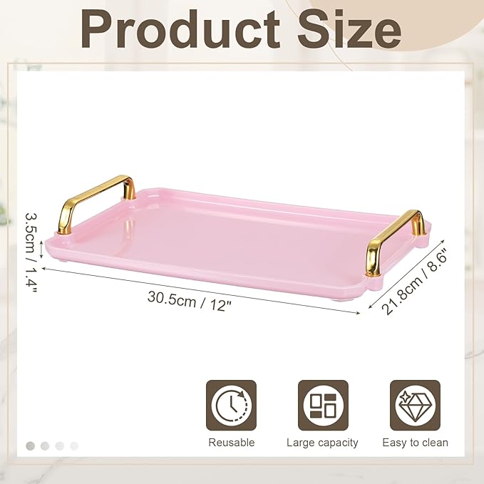 uxcell Plastic Serving Tray with Golden Handle, 12 x 8.6 Modern Rectangular Decorative Tray Acrylic Reusable Tea Platter for Countertop Bathroom Kitchen Home Restaurant, Pink