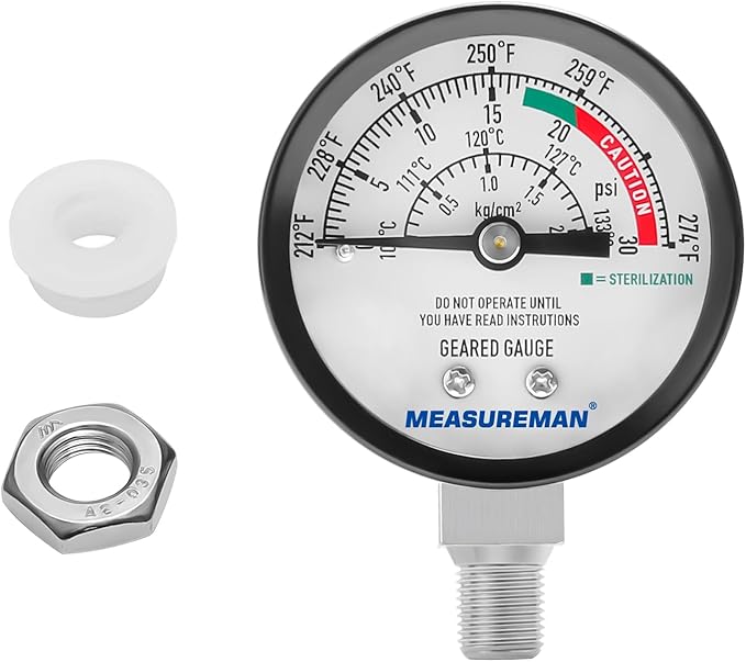 MEASUREMAN Black Steel Pressure Cooker Gauge, Pressure Canner Gauge, Steam Pressure Gauge, 2" Dial, Lower Mount, Including Hexagon Gasket and Nut