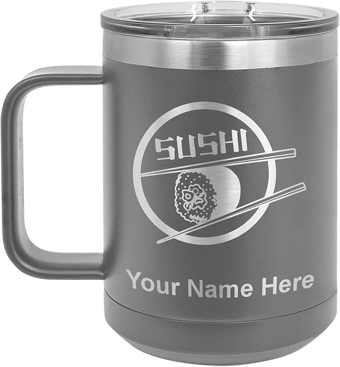 LaserGram 15oz Vacuum Insulated Coffee Mug, Sushi, Personalized Engraving Included (Gray)
