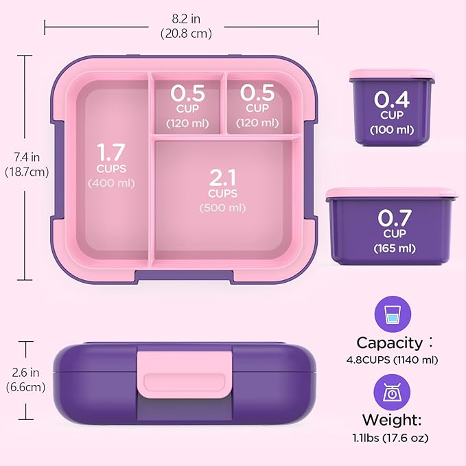 Caperci Bento Box for Kids - Leak-Proof Lunch Box Snack Container with 2 Modular Containers & 4 Compartments, Hold 4.8 Cups, Portable Handle, BPA-Free, Microwave/Dishwasher Safe (Unicorn)