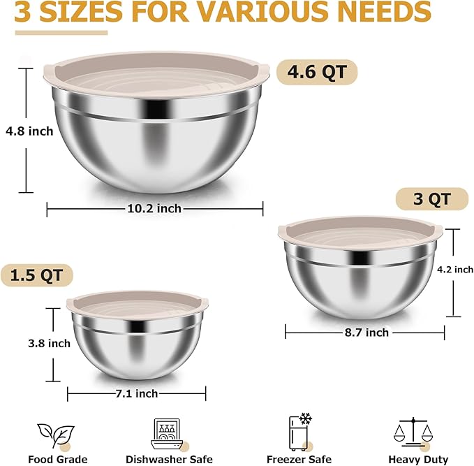 TeamFar Mixing Bowls, Stainless Steel Nesting Salad Bowls with Airtight Lids Set, For Serving/Mixing/Storing, Rust-proof & Heavy Duty, Dishwasher Safe, Set of 3-4.6/3 / 1.5 QT, Khaki