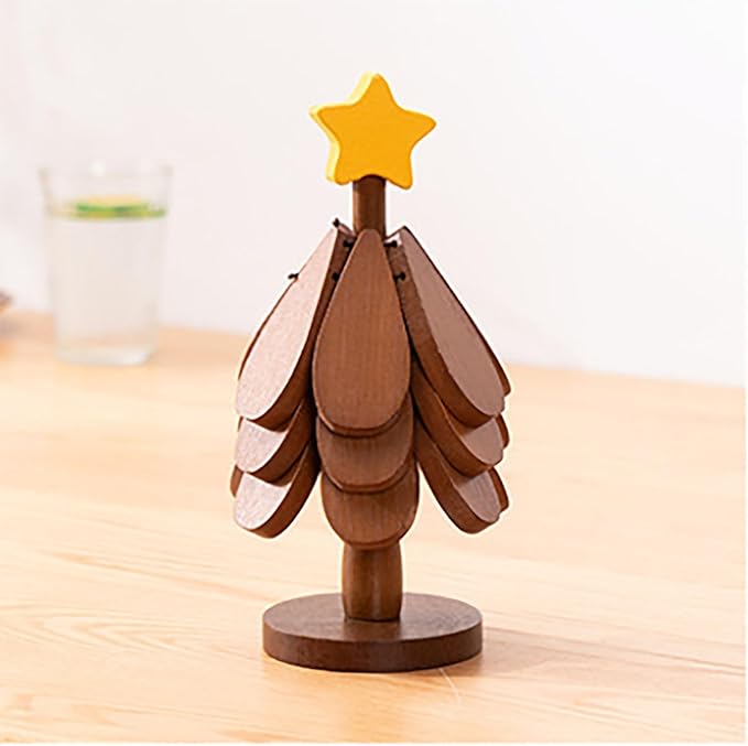Wood Christmas Tree CoastersWooden Trivets for Hot DishesWooden Tree Shape Trivet3 Wooden Trivets+1 Stand (Beech Wood)
