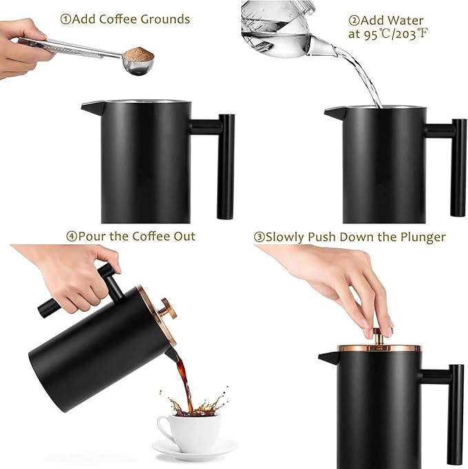 Miuly French Press Coffee Maker, 21Oz Stainless Steel Coffee Press with 3 Level Filtration System, Double Wall Insulated French Press with 4 Filters and 1 Metal Spoon, Black