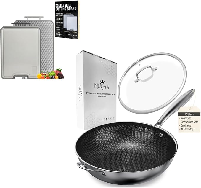 Nonstick Honeycomb Hybrid 12.5" Stainless Steel Wok with Lid + Large 304 Steel Cutting Board Double Sided | Premium Kitchen Bundle