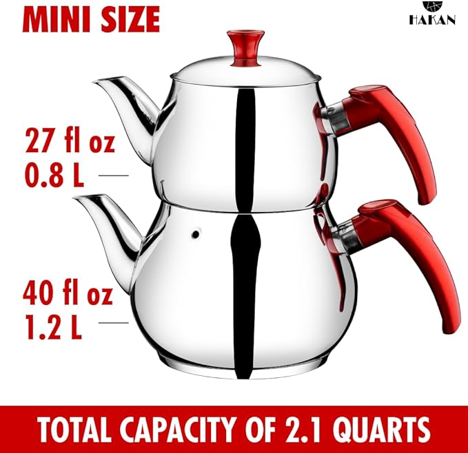 Hakan Stainless Steel 2 L, 67 Oz, Mini Double Bondy Tea Pot Set with Self Strainer Double Lids, Turkish Samovar Style Teapot Set, Tea Kettle for Loose Leaf Tea with Red Bakelite Handle 2.1-Quart