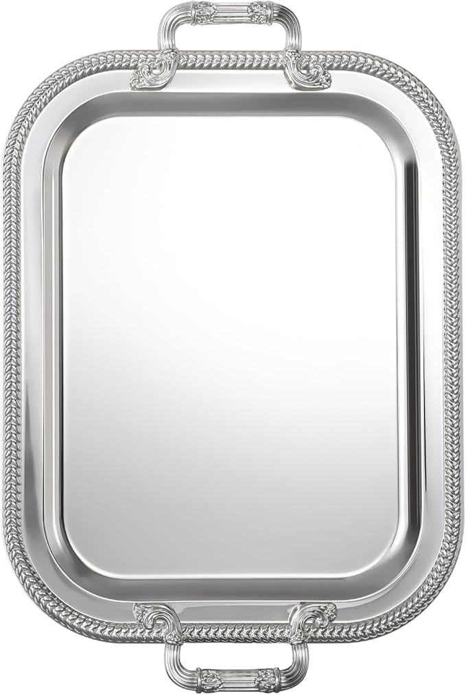 18.5"x14.5" Rectangular Silver Serving Tray with Handles, Beautiful Mirror Polished Finish, Lightweight Classic Metallic Decorative Silverplate Tray for Wedding Anniversary Birthday Holiday Gatherings