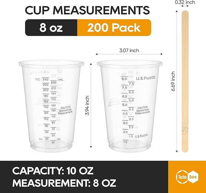 Turbo Bee Plastic Measuring Cups 8OZ,200 PACK Disposable Mixing Cups with 200 Mixing Sticks,Paint Graduated Measuring Tumblers for Epoxy Resin, Paint Mixing, Art DIY