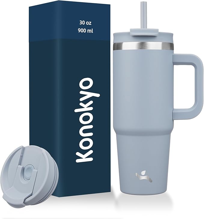 30 oz Tumbler with Handle and 2 Straws,2 in 1 Lid Insulated Water Bottle Stainless Steel Travel Coffee Mug,Lavender