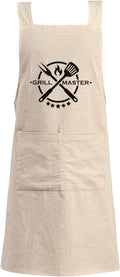 Cotton Linen Apron Non-tie Cross Back Kitchen Apron with Pockets Soft Comfortable Durable for Cooking Baking Gardening (Khaki,Grill Master)