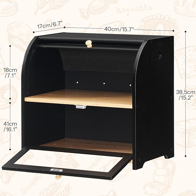 HOOBRO Bread Box, Bamboo Bread Box for Kitchen Countertop, 2 Tier Roll-Top Bread Bin, Food Storage Box, Large Capacity Keeper, Wooden Storage Cabinet, for Kitchen, Dining Room, Black BK13MB01