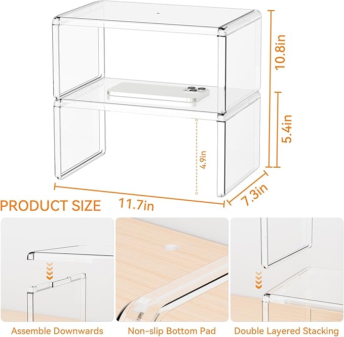 Yieach 2 Pack Acrylic Clear Cabinet Organizer Shelf for Kitchen,Countertop,Stacking 2 Tier Desk Organizers Stand and Cabinet Risers for Dishes,Clear Shelf Organizer for Pantry Organizers and Storage