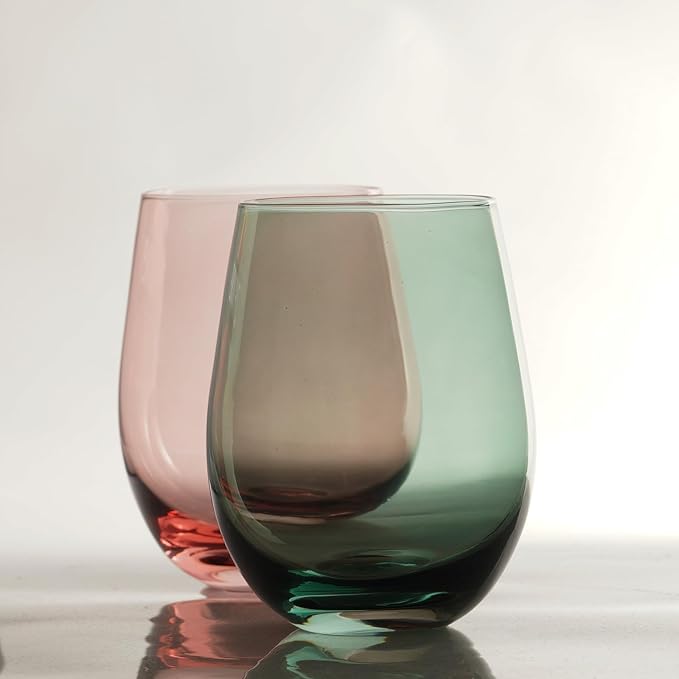 Colored Stemless Wine Glasses for Red or White Wine (Set of 2), 18-Ounces, Large Wine Glasses for Cabernet, Pinot Noir, Burgundy, Bordeaux (Red&Green O Wineglass Set of 2)