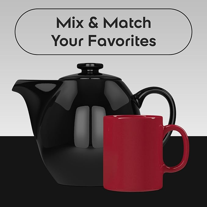 OmniWare 24 Oz Stoneware Teapot with Stainless Steel Mesh Infuser (Black) - Microwave & Dishwasher Safe, Removable Infuser, Retro-Style Kitchenware Ideal for Loose Tea Brewing