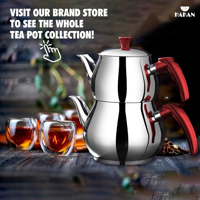 Hakan Stainless Steel 2 L, 67 Oz, Mini Double Bondy Tea Pot Set with Self Strainer Double Lids, Turkish Samovar Style Teapot Set, Tea Kettle for Loose Leaf Tea with Red Bakelite Handle 2.1-Quart