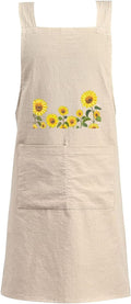 Cotton Linen Apron Non-tie Cross Back Kitchen Apron with Pockets Soft Comfortable Durable for Cooking Baking Gardening (Khaki,Sunflower)