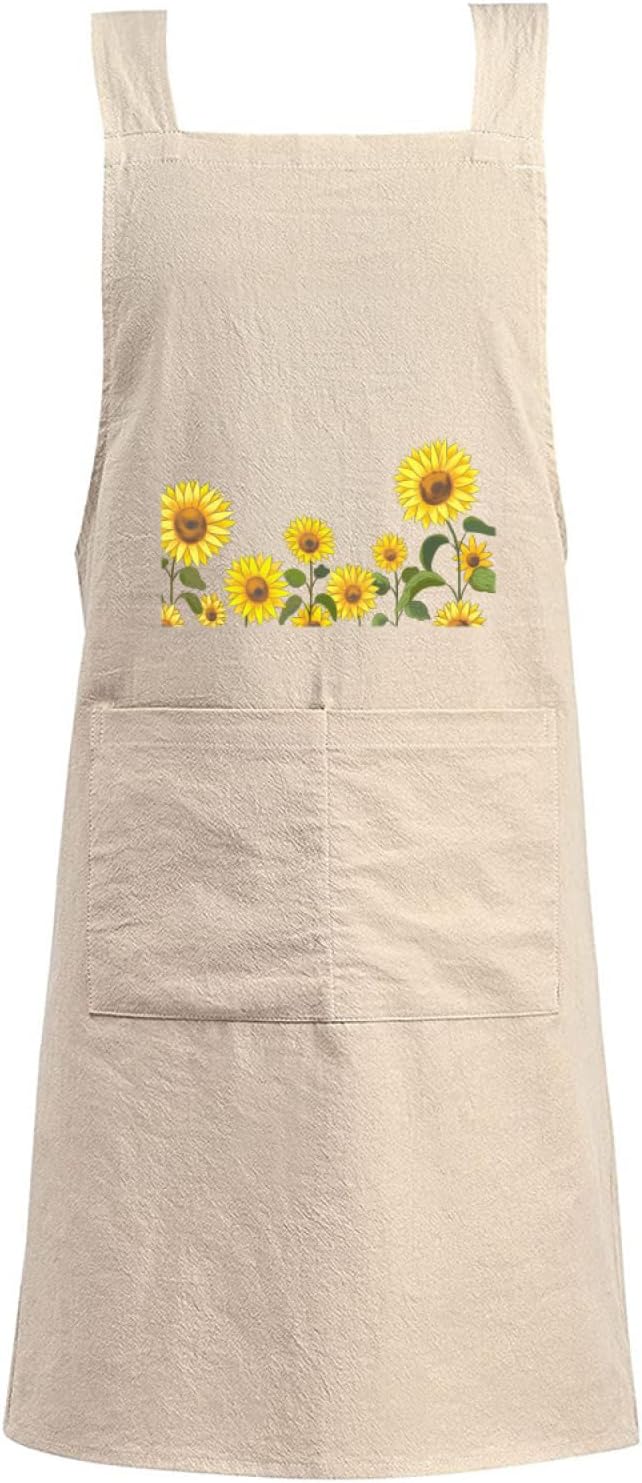 Cotton Linen Apron Non-tie Cross Back Kitchen Apron with Pockets Soft Comfortable Durable for Cooking Baking Gardening (Khaki,Sunflower)